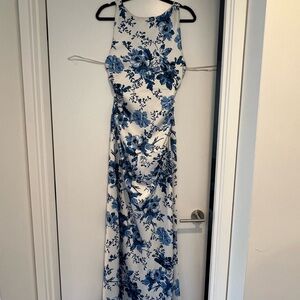 Blue and White Sheath Halter Maxi Dress